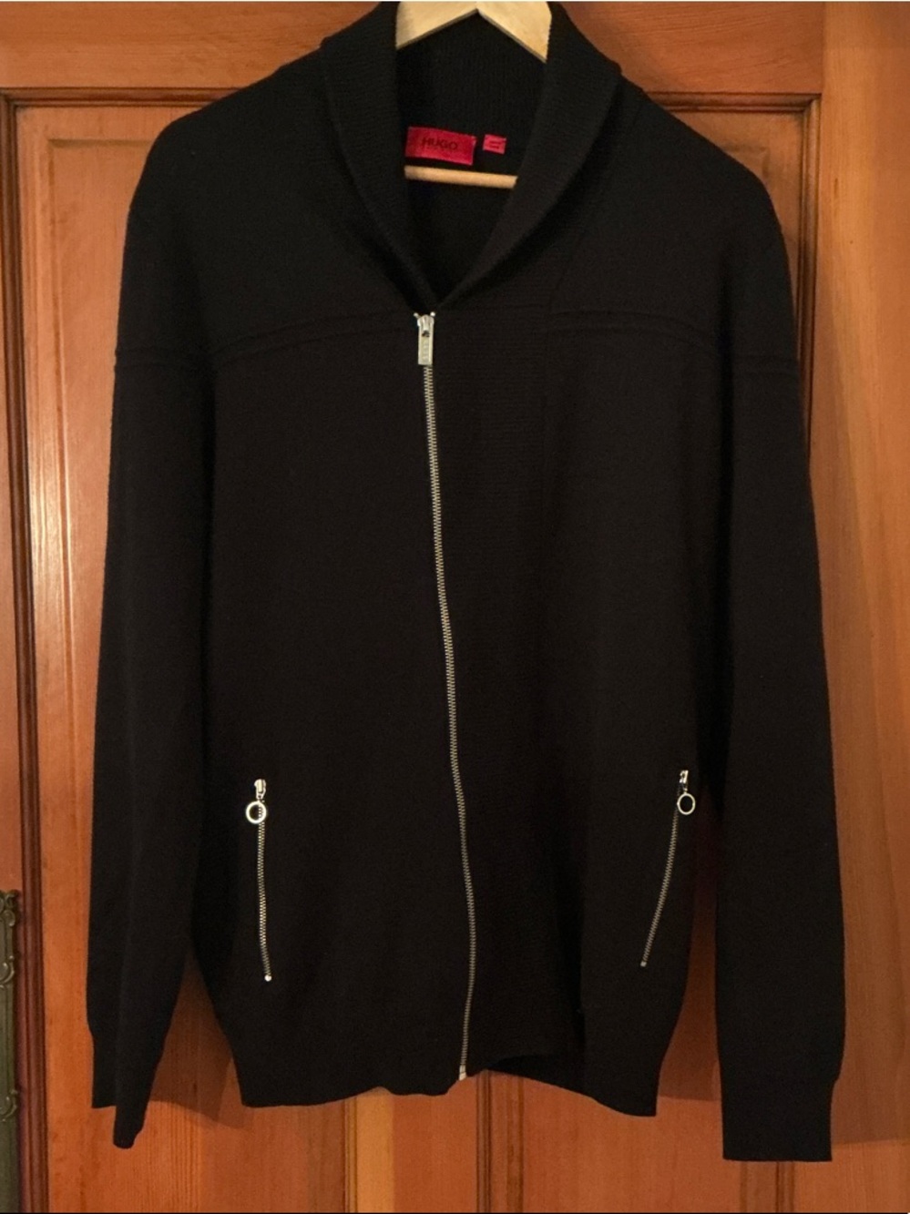 Hugo Boss Men's Black Zip-Up Shawl Collar Knit Jacket